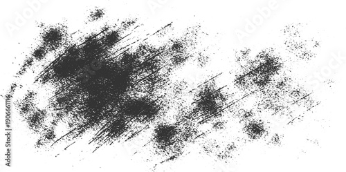 Dark grey textured brush strokes and speckles on white background abstract black charcoal