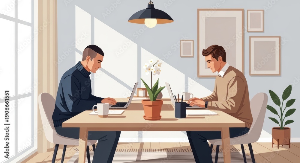 Fototapeta premium Modern couple working from home at shared desk, laptops, soft daylight