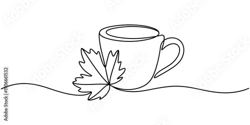coffee cup with autumn leaf continuous one line drawing, Cup with coffee and maple leaf. Autumn concept, vector continuous one line drawing, Full length one line.