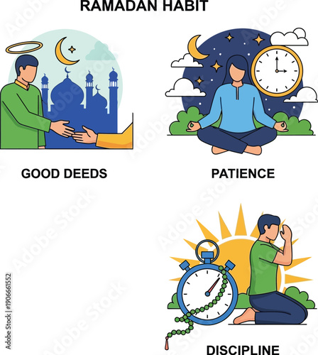 Ramadan habits illustrations: good deeds, patience and discipline