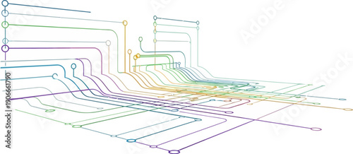 Complex network of multicolored lines and nodes forming an abstract technological infrastructure viewed from above