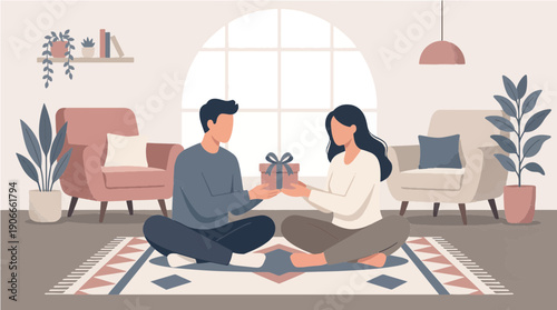 Joyful illustration depicting a loving couple sharing a thoughtful gift in their cozy, modern living room, symbolizing affection, appreciation, and cherished relationship moments