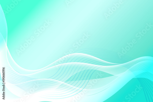 エメラルドグリーンのグラデーションに流れる透明感のあるウェーブラインが重なる抽象背景イラスト｜テクノロジー・医療・美容・企業プレゼンに使える爽やかで清潔感のあるデザイン素材