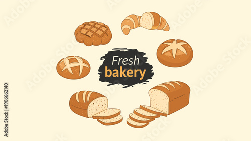 Assorted fresh bakery products collection featuring various handmade bread types, croissants, and artisan buns.