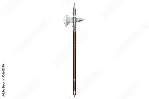 Medieval halberd on grey background with detailed metal blade and wooden handle