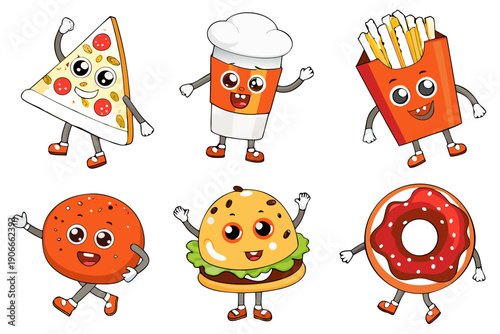 Cute cartoon fast food characters pizza soda fries burger and donut