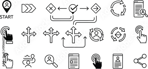 Collection of modern line icons representing user interface elements and navigation symbols on a clean background