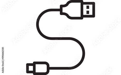 Cable USB type C with connector and cable twisted minimalist design black color featuring cord, charging, data transfer with technology and electronics elements for accessory, device projects, clean