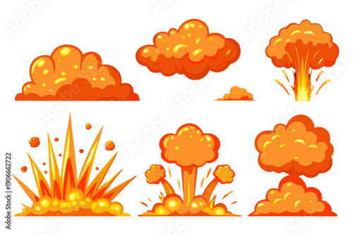 Cartoon explosion effects fiery bursts and dynamic impact shapes