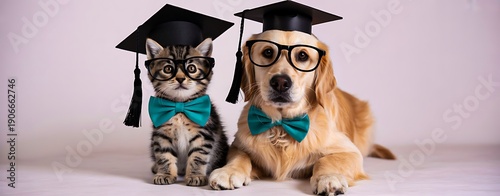 Cute dog and cat wearing graduation caps representing education and success
