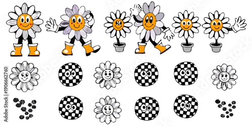 A collection of grayscale daisy flowers with smiling faces and scattered petals