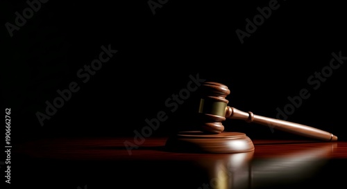 The weighty symbol of legal authority, a polished wooden gavel, rests on a reflective surface in a dimly lit, solemn setting, conveying justice and decision-making