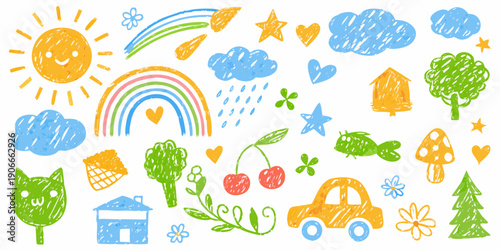 Child s crayon drawing featuring a sun rainbow clouds and various playful elements