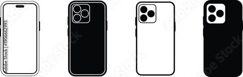 Vector, black, and, white, line, art, illustration, set, of, modern, smartphone, icons, featuring, front, screen, 