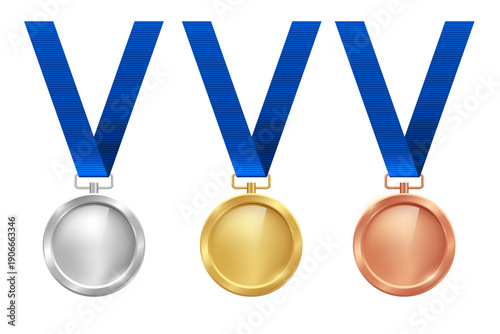 Gold, silver, and bronze medals. Realistic 3D award medals with blue ribbons, symbolizing first, second, and third place in sports, competitions, athletic events. Vector illustration
