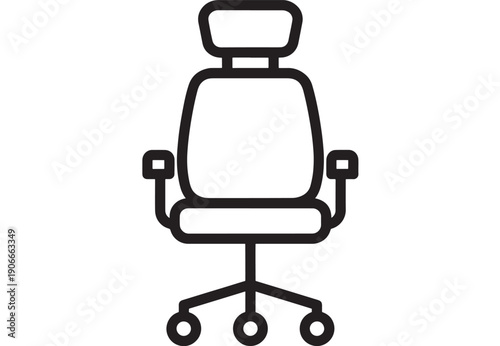 Office chair icon with wheels and armrests, minimalist black outline line art pictogram of ergonomic swivel seat for workplace UI, app interface, signage and web design