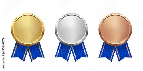 Gold, silver, and bronze medals. Realistic 3D award medals with blue ribbons, symbolizing first, second, and third place in sports, competitions, athletic events. Vector illustration.