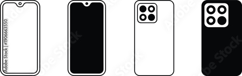 Vector, black, and, white, line, art, illustration, set, of, modern, smartphone, icons, featuring, front, screen, and, back, camera, lenses, for, technology, design, elements