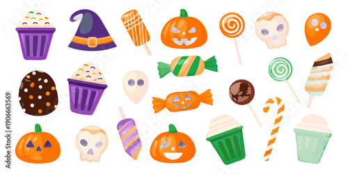 Colorful halloween treats and decorations arranged on a black background