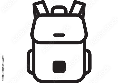 Backpack icon with straps and pocket, simple design, black outline, vector graphic featuring bag, school bag, illustration with travel and hiking elements for adventure, student projects, clean