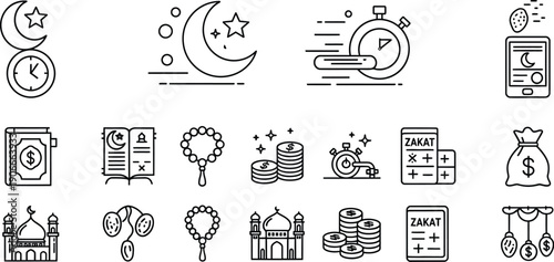 Collection of Islamic icons and symbols for Ramadan and prayer