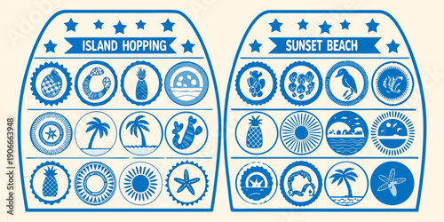 Two vintage style luggage tags with tropical island themed designs