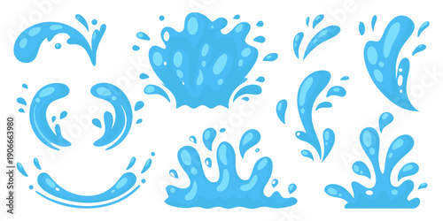 Collection of cartoon water splashes and droplets in various shapes