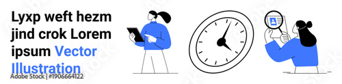 Time management, productivity, work efficiency, organization, task scheduling, documentation review. Two figures with a clock, clipboard and magnifying glass. Time management and productivity