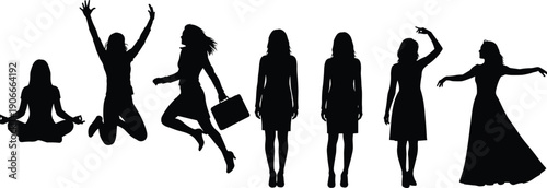 Woman silhouette poses collection, female activities and emotions, yoga jumping walking dancing figures, lifestyle concept, black vector illustration