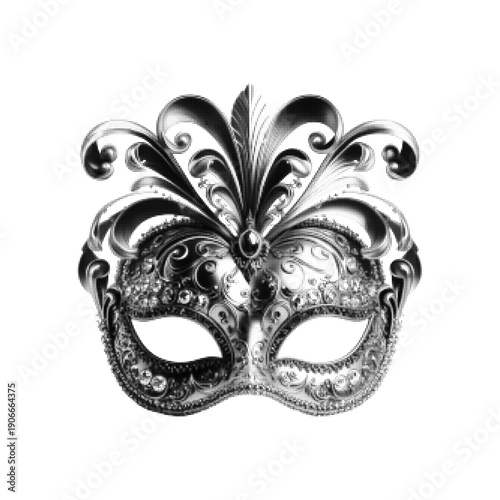 Ornate carnival mask illustration in monochrome halftone style. Decorative masquerade face mask with elegant baroque patterns, isolated on white background for theater, festival and mystery concepts.