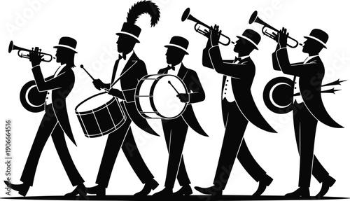 Vector, black, silhouette, illustration, of, a, professional, marching, band, with, musicians, playing, trumpets, and, drums, in, formal, parade, attire, for, musical, celebration, design, elements
