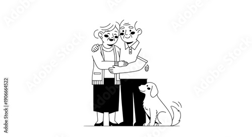 Cartoon elderly couple walking together with dog senior lifestyle happy family pet vector illustration