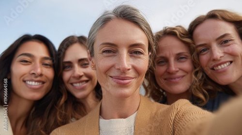 Close-up portrait of a group of five women, all of whom are smiling and looking at the camera.