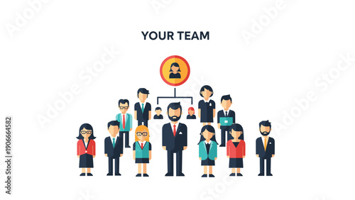 Business team and corporate leadership concept showing group of diverse professional people in smart suits with leader icon.