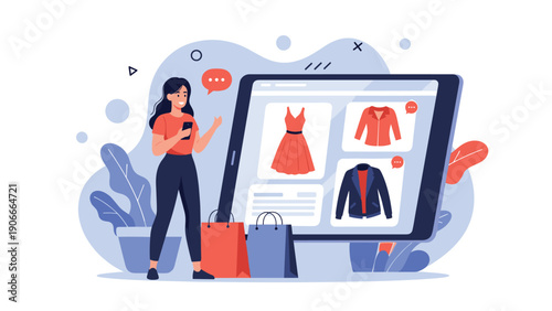 Online fashion shopping and mobile commerce concept showing woman browsing dress collection on a large tablet screen.