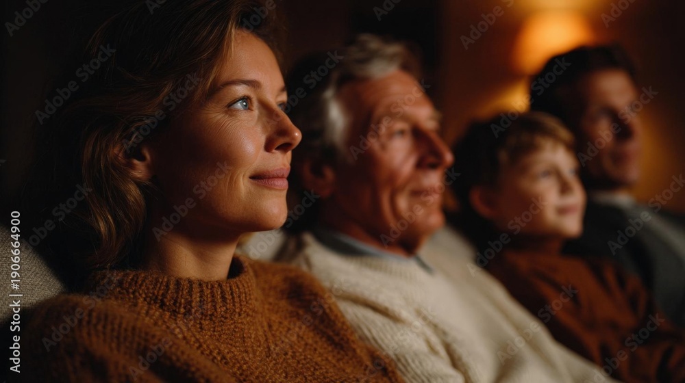 Fototapeta premium Group of four people sitting on a couch in a dimly lit room. the focus of the image is on a woman on the left side, who is looking up towards the sky with a peaceful expression on her face.