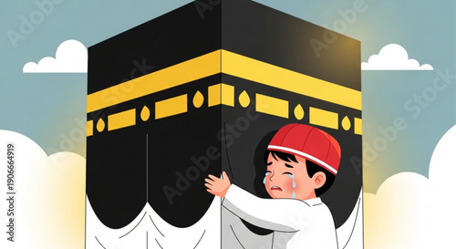 Young muslim boy in white robe and red cap touching or embracing the kaaba mecca islam faith spirituality religious concept cultural symbol holy place
