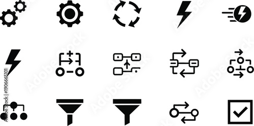 Process Automation and Data Analytics Black Icon Set Vector