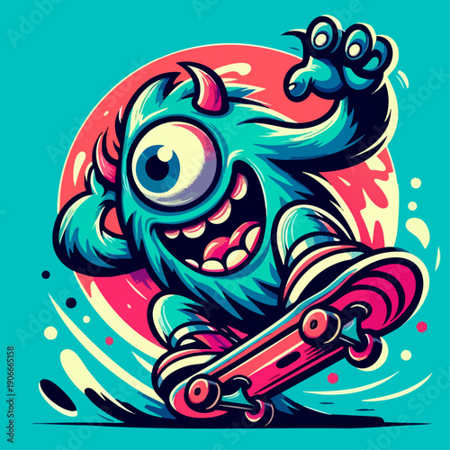 Skateboard monster character, exaggerated eye vector