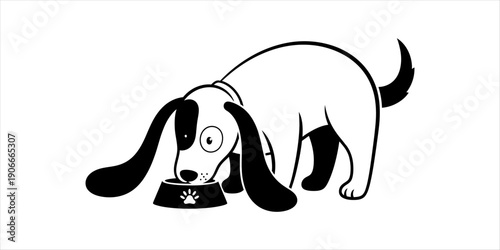Black and white illustration of a happy puppy eating its food from a bowl, depicting pet feeding time