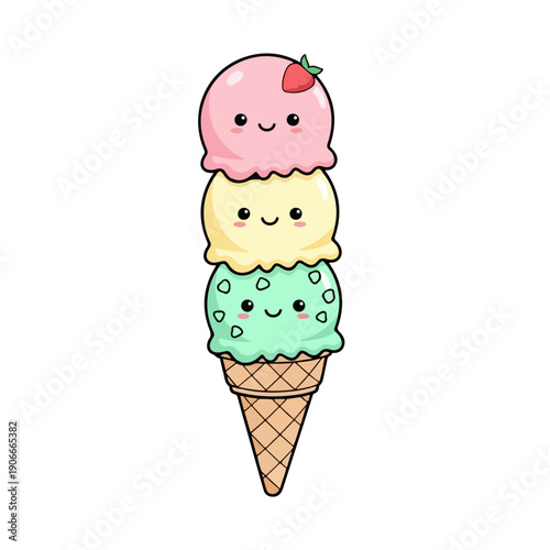 Cute Kawaii Ice Cream Cone with Three Scoops.