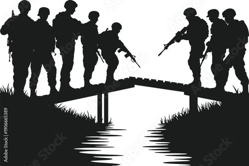 Vector, black, silhouette, illustration, of, a, squad, of, armed, soldiers, in, uniform, crossing, a, wooden, bridge, over, water, for, military, and, tactical, design, elements