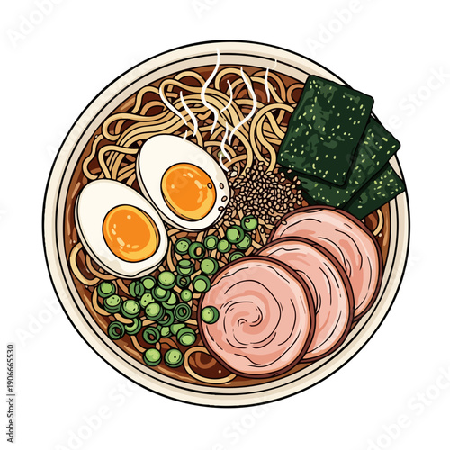 Delicious Bowl of Traditional Japanese Ramen Noodles with Toppings.