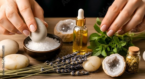 Woman's hands arranging natural wellness elements essential oils, aromatic herbs, bath salts, and healing stones for a holistic spa experience