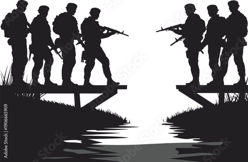 Vector, black, silhouette, illustration, of, two, groups, of, armed, soldiers, in, uniform, standing, on, broken, bridges, over, a, river, for, military, and, tactical, design, elements