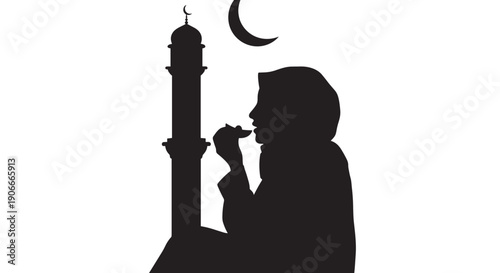 Muslim woman praying during Ramadan under crescent moon silhouette