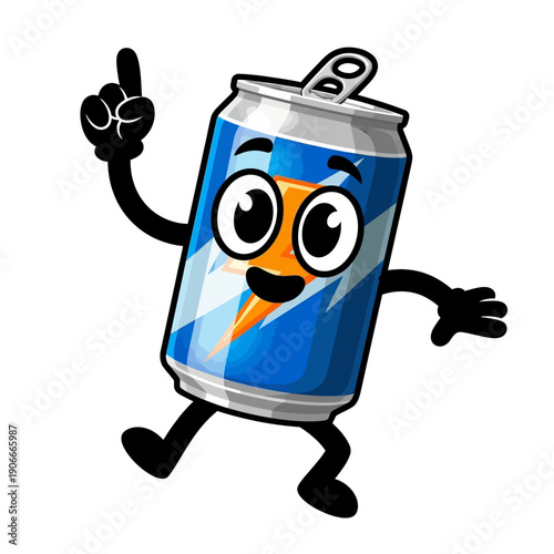 Happy Cartoon Energy Drink Can Mascot with a Bright Lightning Bolt Symbol Pointing Upwards on a White Background, Fun Vector Illustration for Beverage Branding.