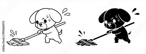 A determined puppy character diligently mops a wet floor, working up a sweat