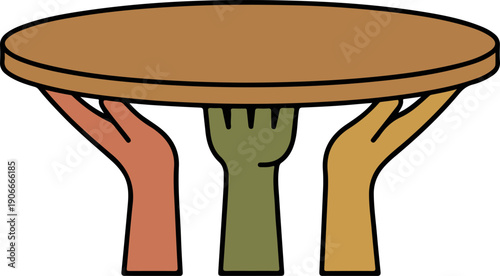 Vector illustration of diverse hands holding up a brown wooden table, concept of teamwork and support, isolated on white