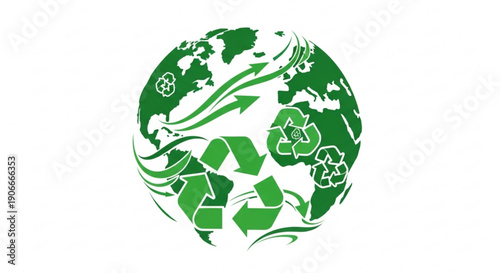 Green earth with recycling symbols and eco friendly elements in vector illustration sustainability concept